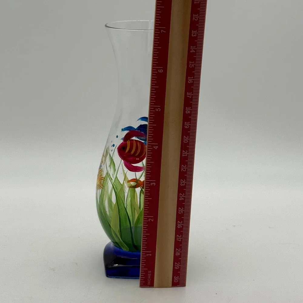 Hand Painted Tropical Fish Glass Vase Coastal Underwater Scene Blue Base 7.5